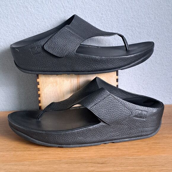 FitFlop Women’s 9 US 41 EU Shuv Adjustable Leather Toe-Post Wedge Sandals Black - Picture 5 of 12